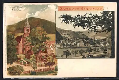 Künstler-AK Carl Münch: Herrenalb, Kosterruine Paradies, Ortsansicht vom Wald aus