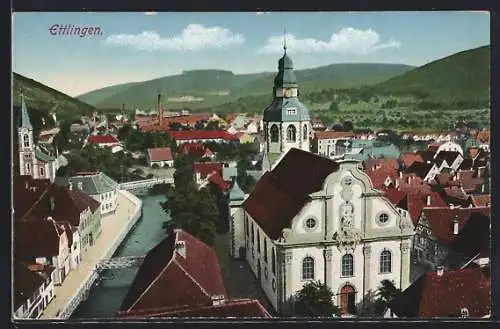 AK Ettlingen, Ortsansicht mit Kirche