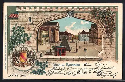 Lithographie Karlsruhe, Pyramide auf dem Marktplatz, Wappen