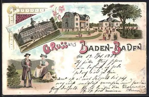 Lithographie Baden-Baden, Favorite, Jagdhaus und Trachtenpaar