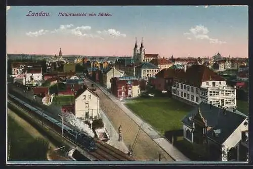 AK Landau / Pfalz, Hauptansicht von Süden mit Eisenbahn