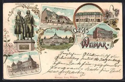 Lithographie Weimar / Thüringen, Göthe & Schiller Denkmal, Schillerhaus, Museum, Post