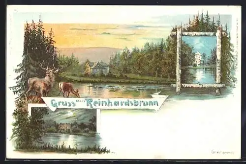 Lithographie Reinhardsbrunn, Ortspartie, Rehe, Gebäudeansichten