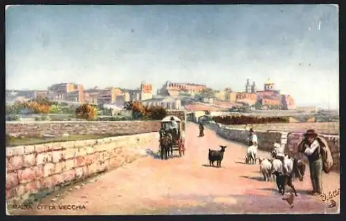 Künstler-AK Citta Vecchia, Panorama mit Eingangsstrasse, Ziegen und Pferdekutsche