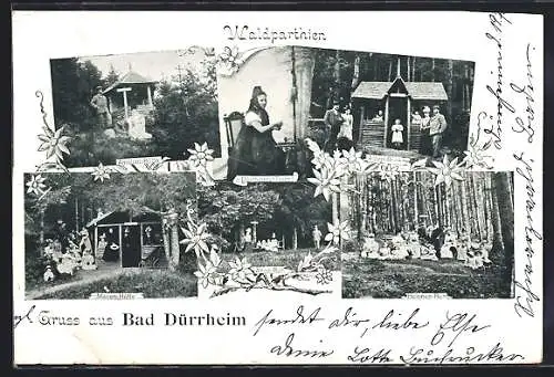 AK Bad Dürrheim, Amalien-Hütte, Frau in Tracht, Marien-Hütte, Alpenblick und Helenen-Ruh