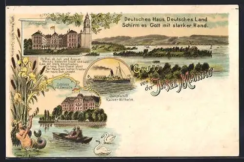 Lithographie Insel Mainau, Dampfschiff Kaiser Wilhelm, Schloss von der Seeseite, Schlosshof, Bodensee