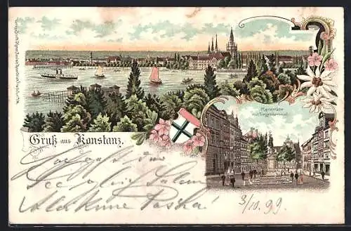 Lithographie Konstanz, Marktstätte mit Siegesdenkmal, Ortspanorama