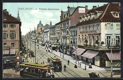 AK Karlsruhe, Westliche Kaiserstrasse mit Strassenbahnen