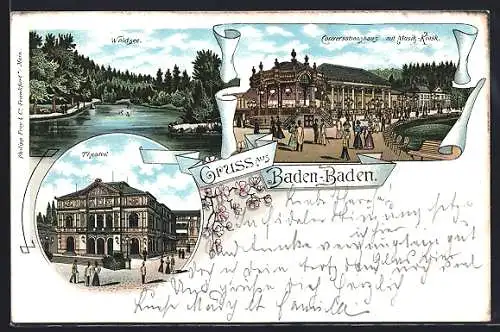 Lithographie Baden-Baden, Theater, Conversationshaus mit Musik-Kiosk, Waldsee