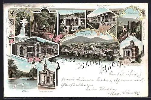 Lithographie Baden-Baden, Lichtenthaler-Allee, Geroldsauer Wasserfall, Gonversationshaus, Trinkhalle