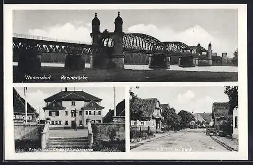 AK Wintersdorf / Rastatt, Schulhaus u. Eingang z. Kindergarten, Strasse, Rheinbrücke