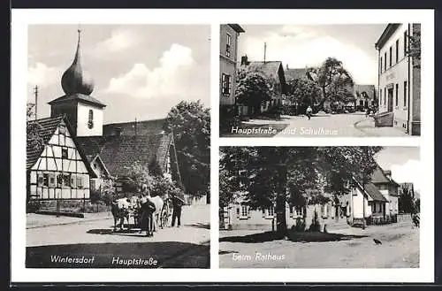 AK Wintersdorf / Rastatt, Hauptstrasse mit Ochsengespann, Hauptstasse und Schulhaus