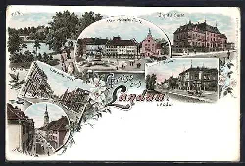 Lithographie Landau i. Pfalz, Marktstrasse, Max Josephs-Platz und Institut der Engl. Fräulein bei Nacht