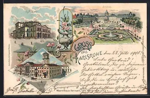 Lithographie Karlsruhe, Rathaus, Hoftheater, Schloss mit Garten