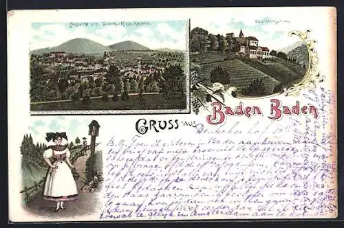 Lithographie Baden-Baden, Aussicht v. d. Griechisch-Russischen Kapelle, Ebersteinschloss & Frau in Tracht