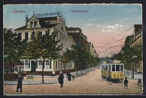 Künstler-AK Landau, Ostbahnstrasse und Strassenbahn