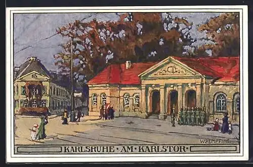 Künstler-AK sign.W. Hempfing: Karlsruhe, Strassenpartie am Karlstor