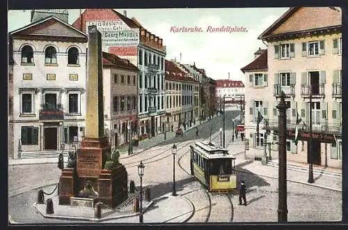 AK Karlsruhe, Rondellplatz mit Strassenbahn und Obelisk