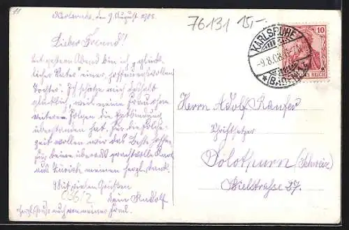 AK Karlsruhe, Rondellplatz mit Strassenbahn und Obelisk