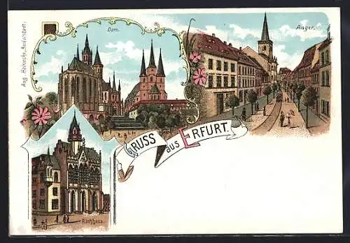 Lithographie Erfurt, Rathaus, Dom und Anger