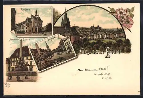 Lithographie Erfurt, Rathaus, Anger, Monumental Brunnen