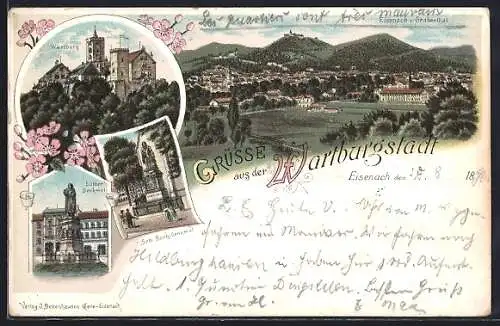 Lithographie Eisenach, Wartburg, Luther Denkmal