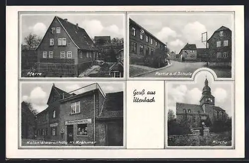 AK Utenbach / Naumburg, Pfarre, Partie a. d. Schule, Kirche, Kolonialwarenhandlung Krähmer