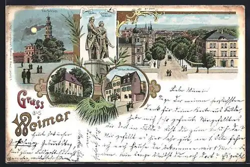 Lithographie Weimar / Thüringen, Schloss, Goethe-Schiller-Denkmal, Wohnhaus von Schiller