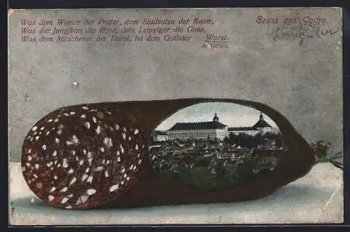 Grusskarten-AK Gotha, Wer hätte nicht davon gehört..., Mettwurst-Passepartout