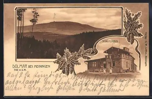 AK Meiningen, Landschaftsbild mit Dolmar, Schutzhaus Charlottenhaus