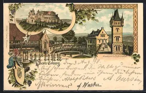 Lithographie Coburg, Neuer Turm u. Gasthaus d. Veste, Hohe Bastei mit Lutherlinde, Wappen, Hellebarde