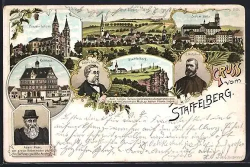 Lithographie Staffelstein / Bayern, Kirche Vierzehnheiligen, Adam Riese, Staffelberg, Ortsansicht