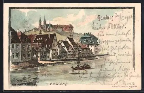 Künstler-AK P.Schmohl: Bamberg, Flusspartie mit Blick zum Michaelsberg