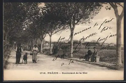 AK Fréjus, Boulevard de la Mer avec promeneurs et arbres alignés