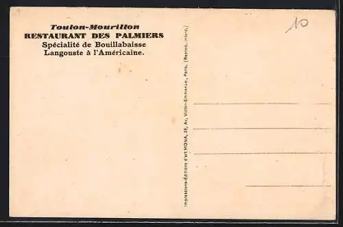 AK Toulon, Intérieur du Restaurant des Palmiers avec serveuse et tables dressées