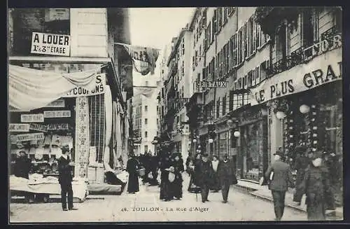 AK Toulon, La Rue d`Alger animée avec passants et magasins