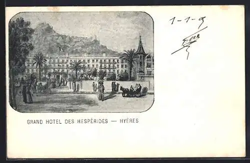 AK Hyères, Grand Hôtel des Hespérides avec palmiers et visiteurs élégants