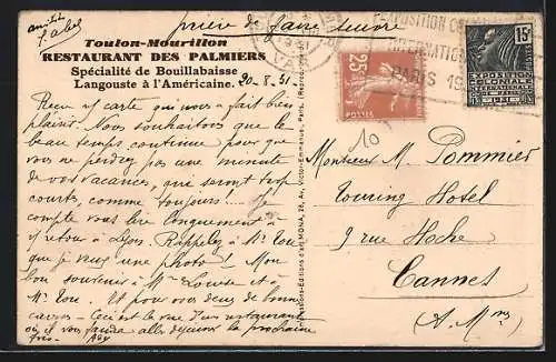 AK Toulon, Intérieur du Restaurant des Palmiers avec tables dressées