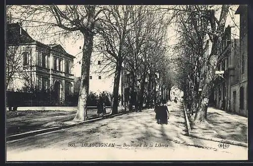 AK Draguignan, Boulevard de la Liberté en hiver avec passants et arbres dénudés