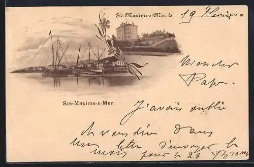 AK Sainte-Maxime, Vue du port avec voiliers et bâtiment en arrière-plan