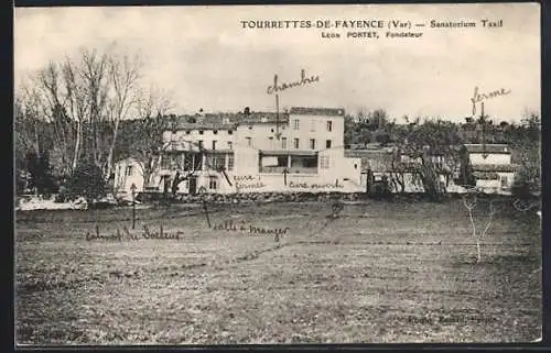 AK Tourrettes-de-Fayence, Sanatorium Taxil et ses bâtiments annotés