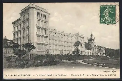 AK San-Salvadour, Le Grand Hôtel et le Château, Chemin de fer du « Sud France » Littoral