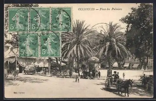 AK Ollioules, Place des Palmiers avec calèches et palmiers majestueux