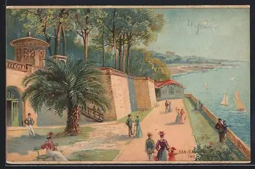 Lithographie Hyères, Promenade élégante au bord de la mer avec voiliers et palmiers