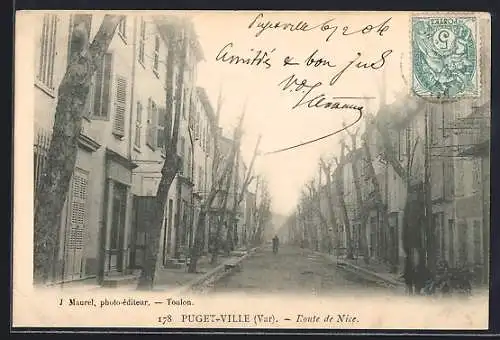 AK Puget-Ville, Route de Nice avec arbres et maisons alignées