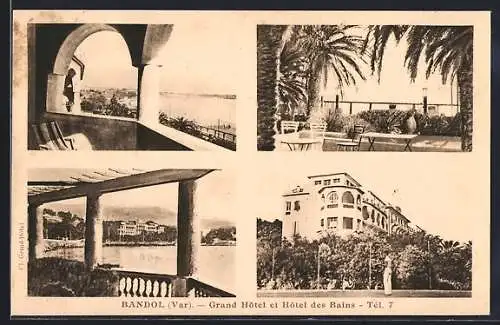 AK Bandol, Grand Hôtel et Hôtel des Bains avec vues panoramiques et palmiers