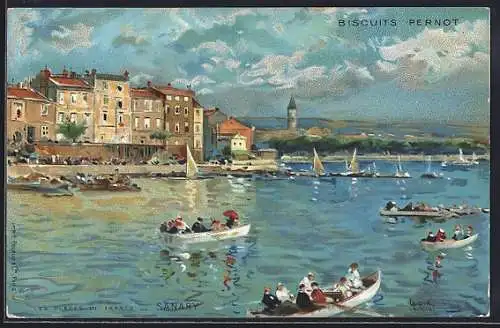 Künstler-AK Sanary, Scène animée de bateaux sur le port avec vue sur les maisons