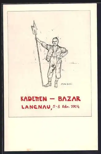 Künstler-AK Langnau i. E., Kadetten-Bazar 1914, Soldat mit Hellebarde