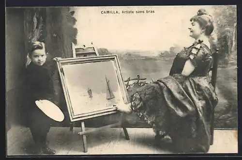 AK Madame Camille, Artiste dans bras, armlose Frau malt mit dem Fuss