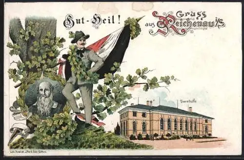 Lithographie Reichenau i. S., Turnhalle, Turnvater Jahn, Turnergruss